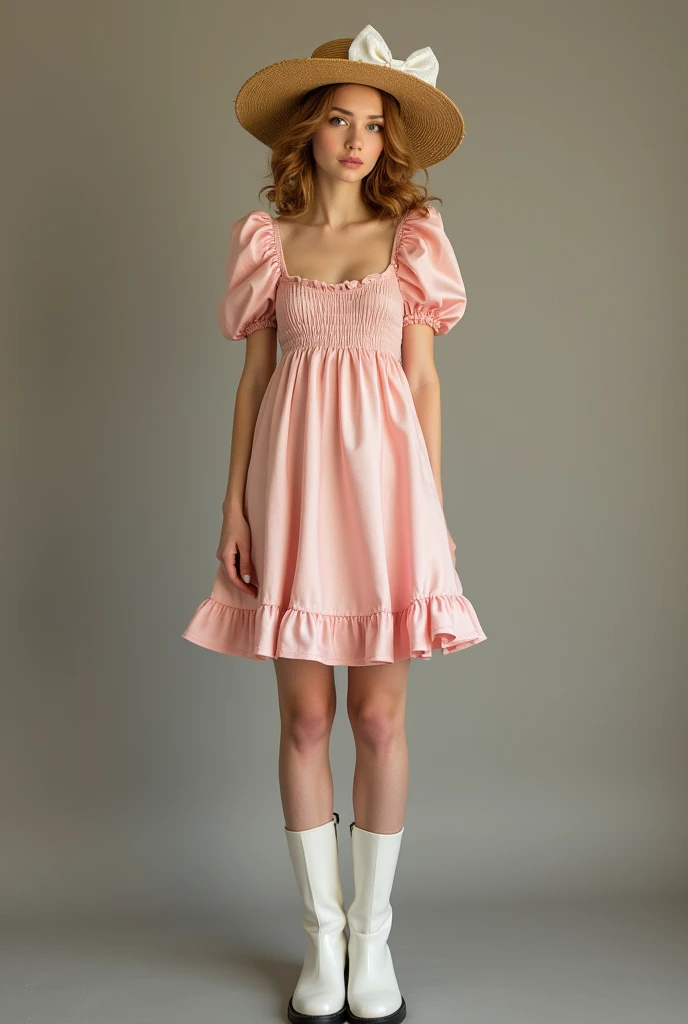 Can you create me an image of a girl wearing a light pink satin dress with short straps with black low boots with honey-colored curly hair and a country hat with a beautiful white bow full body medium build full body image with white high boots without heels FULL BODY WHERE HER FEET CAN BE SEEN WEARING TALL WHITE BOOTS
