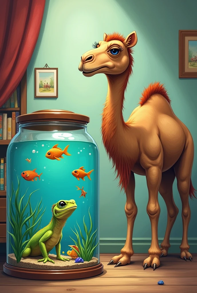 A lizard fell into the fish tank, so I bought a camel to raise.