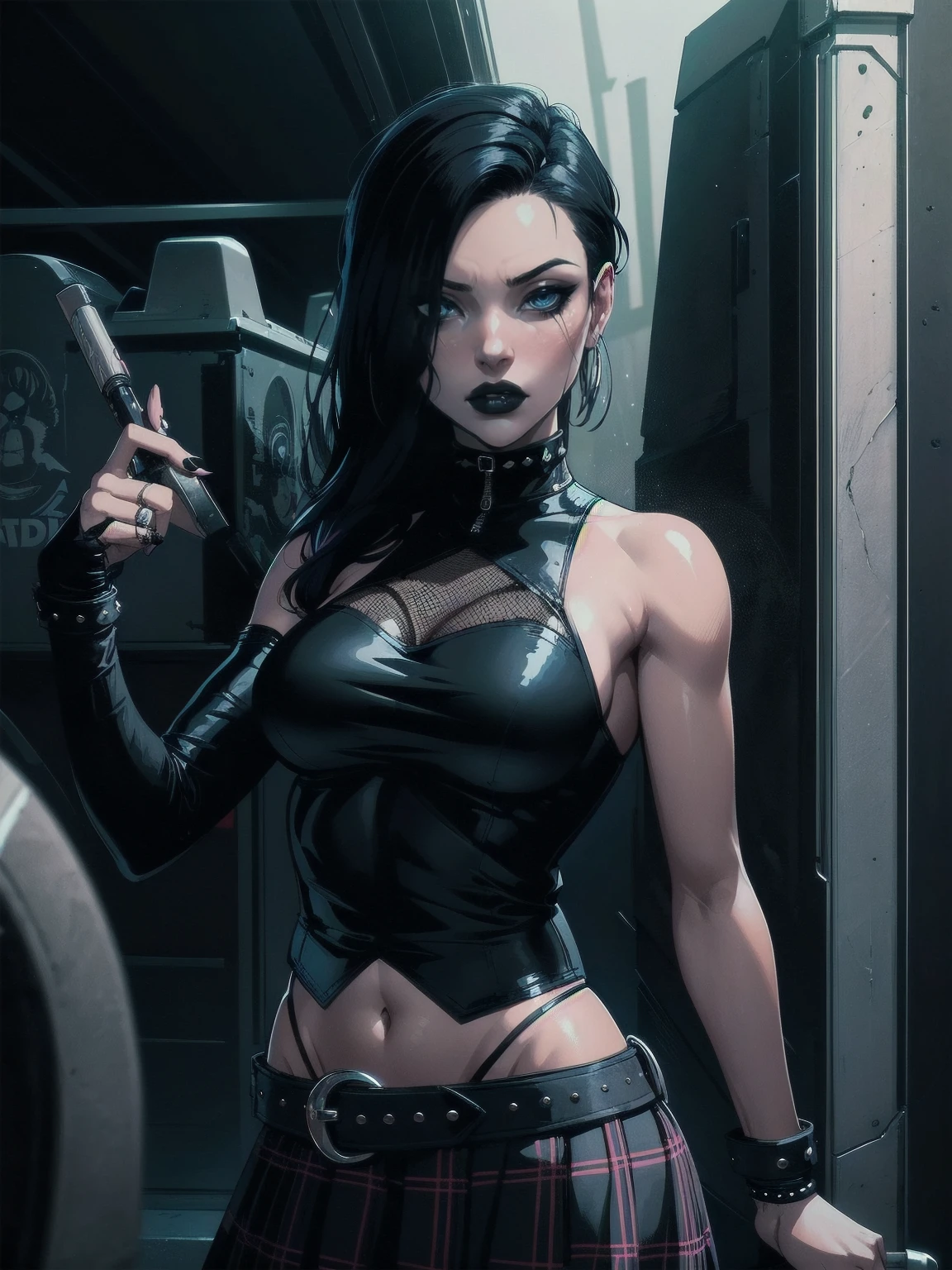 a woman with medium black hair, hair on shoulders,  wearing plaid skirt, black jacket,  blue eyes, gothic art, cute aesthetic with vibe, toon aesthetic, wearing gothic accessories, look like Cassie Hack, upper body, driving on the motocicle, the walking dead background, dinamic poses