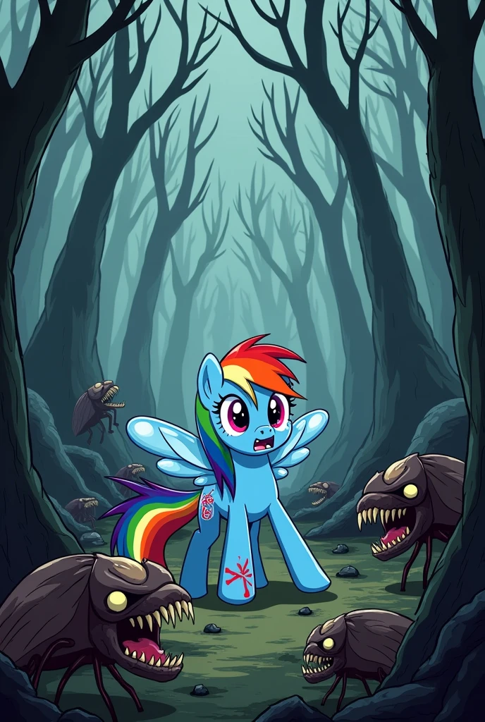 Make a cartoon of Rainbow Dash from My Little Pony injured in a forest and around an apocalypse of carnivorous bugs 