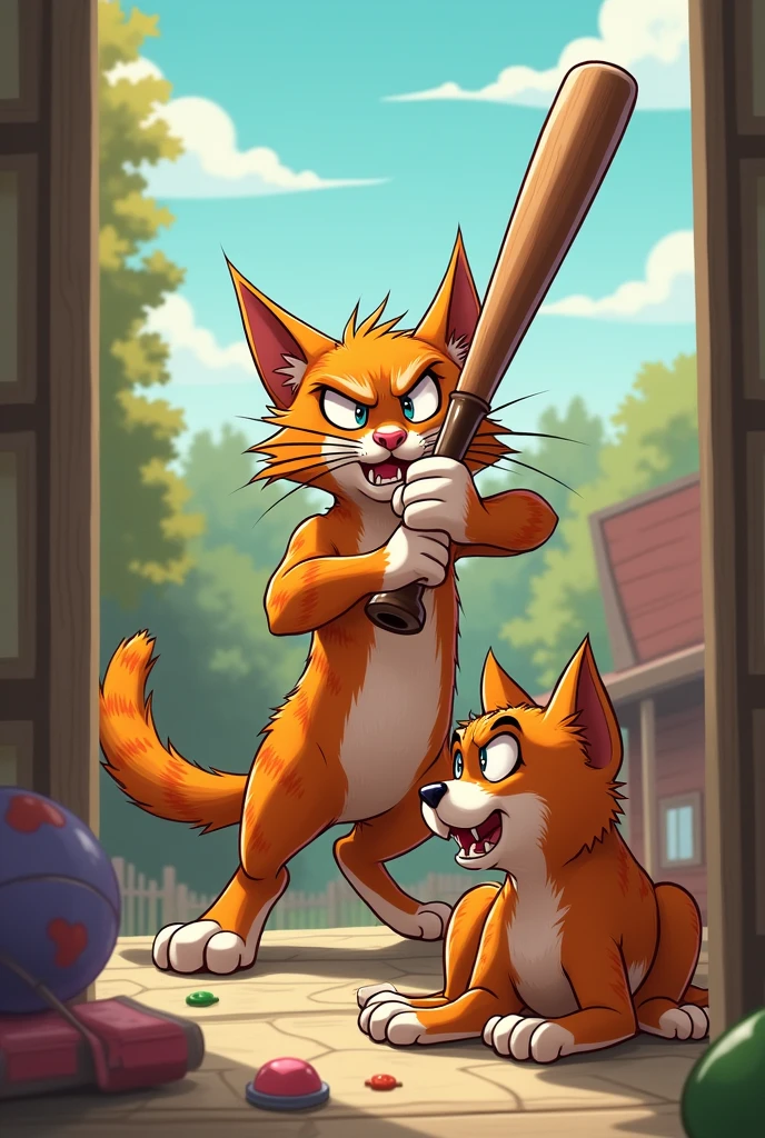 A cat hitting a dog with a baseball bat 