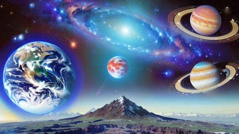 planets and Earth in a space scene with a mountain in the background, planets in the background, planets on the background, large planets in the background, planets and galaxies, planets in the sky, the mid-journey multiverse, meaning of life in the universe, planets behind, planets in the skies, cosmos infinito ao fundo, ringed planet, five planets