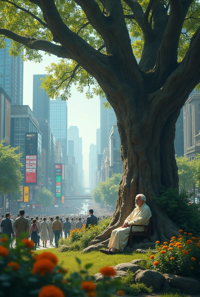 "Create a cinematic scene set in a modern financial district, bustling with traders and large screens displaying stock market data. In the midst of this chaos, depict a serene park where an elderly sage sits peacefully under a large, ancient tree. The sage should have a calm, wise expression, contrasting with the surrounding busy environment.