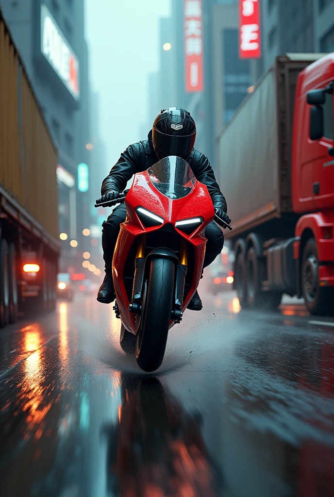 A highly detailed, futuristic, 3D text "SPEED JUNKIE" centered at the top of the page, a rider on a ducati panigale v4 popping wheelie with the front wheel being a good 2 feet off the ground riding between two lorries, extremely dangerous situation, high speed chase, adrenaline, motion blur, low angle, dramatic lighting, cinematic composition, gritty urban environment, moody atmosphere, vibrant colors, hyper-realistic, award winning photography, masterpiece, (best quality,4k,8k,highres,masterpiece:1.2),ultra-detailed,(realistic,photorealistic,photo-realistic:1.37)