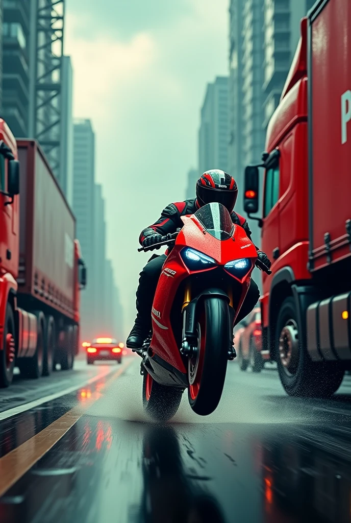 A highly detailed, futuristic, 3D text "SPEED JUNKIE" centered at the top of the page, a rider on a ducati panigale v4 popping wheelie with the front wheel being a good 2 feet off the ground riding between two lorries, extremely dangerous situation, high speed chase, adrenaline, motion blur, low angle, dramatic lighting, cinematic composition, gritty urban environment, moody atmosphere, vibrant colors, hyper-realistic, award winning photography, masterpiece, (best quality,4k,8k,highres,masterpiece:1.2),ultra-detailed,(realistic,photorealistic,photo-realistic:1.37)