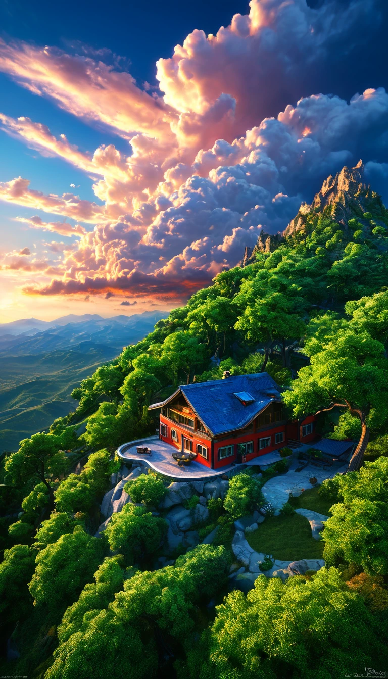 summer sky,photorrealistic,highly realistic,extremely details,stunningly lifelike,high contrast realism,high saturation realism,swirly vibrant colors,dramatic lighting,captivating landscape,compelling narrative,atmospheric scene,Mesmerizing visuals,details Intricate,strong emotions,beleza celestial,dream world,house on the mountain,sunrise, TREES! white clouds!