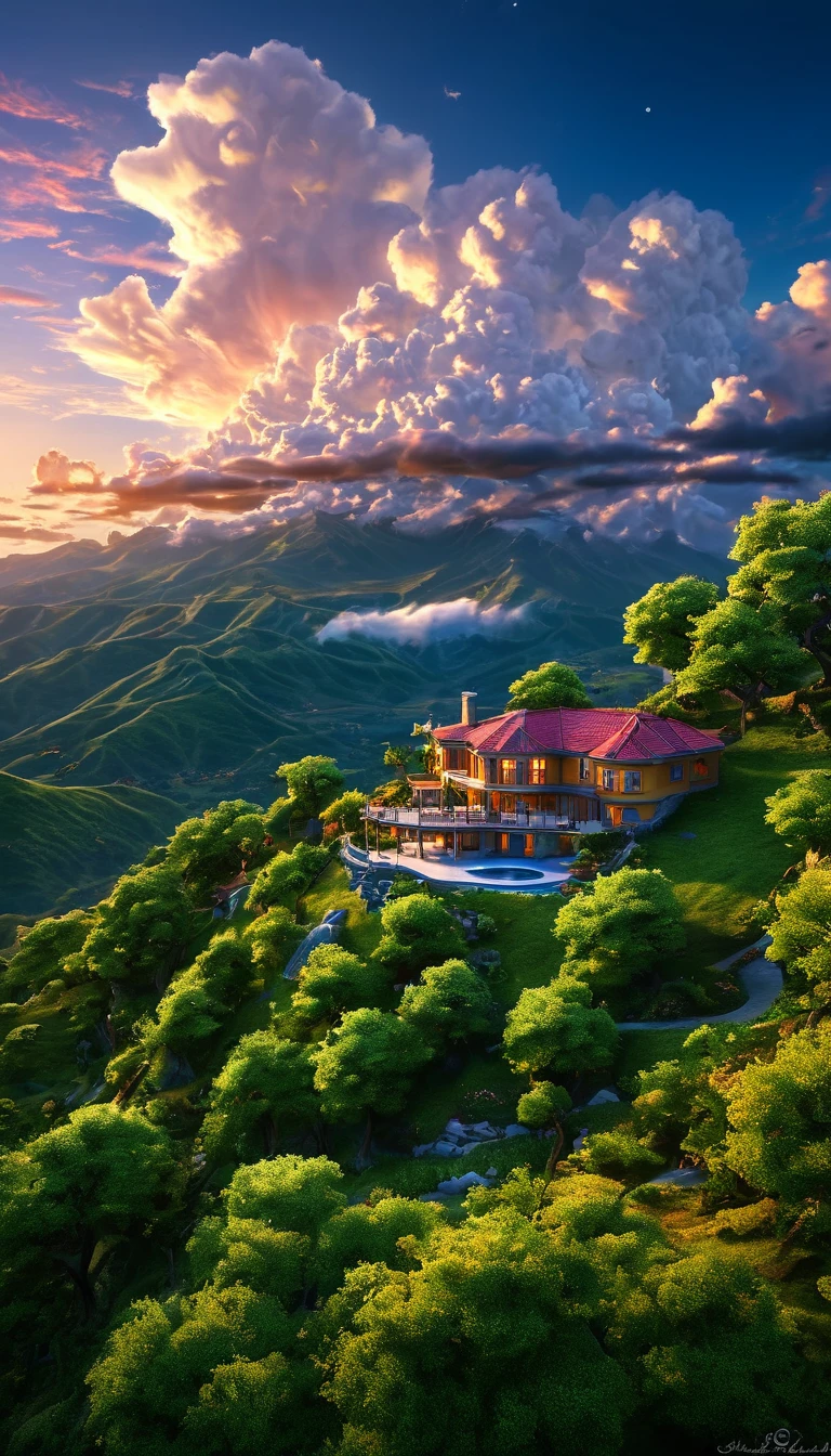 summer sky,photorrealistic,highly realistic,extremely details,stunningly lifelike,high contrast realism,high saturation realism,swirly vibrant colors,dramatic lighting,captivating landscape,compelling narrative,atmospheric scene,Mesmerizing visuals,details Intricate,strong emotions,beleza celestial,dream world,house on the mountain,sunrise, TREES! white clouds!
