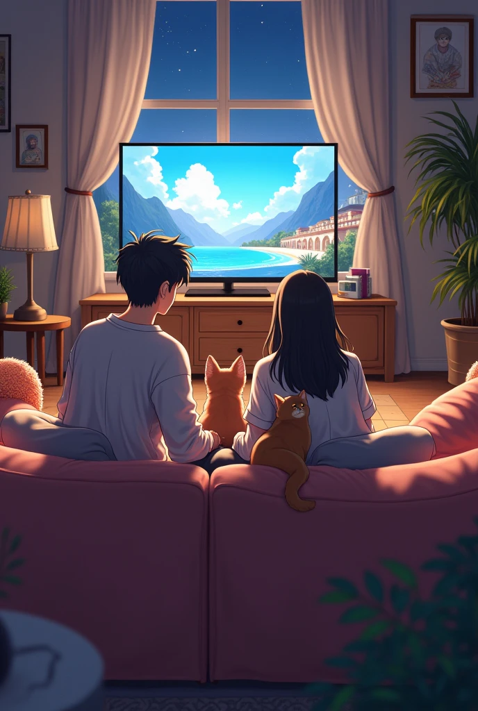 A couple with a dog and a cat, sitting on a sofa watching anime