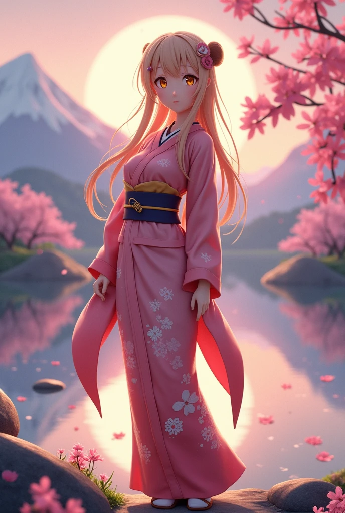 Aerial Perspective Asuna, masterpiece, Highest quality, detailed, (One person), alone, detailed golden eyes, Long Hair, Are standing, Close to the audience, (detailed kimono), A light smile, Medium chest, (Put your arms behind your back), water, sunset, (hair ornaments), (Cherry blossoms bloom), Lake with snowy mountains in the background,Cute young delicate 3D PVC model, View your viewers, Soft and smooth lighting, Soft pastel colors, 3D icon clay rendering, 120mm lens, 3D Blender Rendering, Trend with poly count, モジュラーCute young delicate 3D PVC model, View your viewers, Soft and smooth lighting, Soft pastel colors, 3D icon clay rendering, 120mm lens, 3D Blender Rendering, Trend with poly count, Modular constructivism 5D vector: 【a: 0.3, c: 0.7, It is: 0.8, I: 0.6, M: 0.9】trick-art Multi-layer structure abstract
