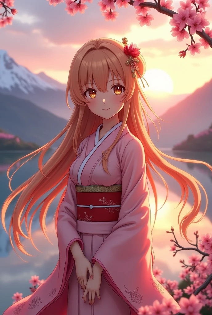 Aerial Perspective Asuna, masterpiece, Highest quality, detailed, (One person), alone, detailed golden eyes, Long Hair, Are standing, Close to the audience, (detailed kimono), A light smile, Medium chest, (Put your arms behind your back), water, sunset, (hair ornaments), (Cherry blossoms bloom), Lake with snowy mountains in the background,Cute young delicate 3D PVC model, View your viewers, Soft and smooth lighting, Soft pastel colors, 3D icon clay rendering, 120mm lens, 3D Blender Rendering, Trend with poly count, モジュラーCute young delicate 3D PVC model, View your viewers, Soft and smooth lighting, Soft pastel colors, 3D icon clay rendering, 120mm lens, 3D Blender Rendering, Trend with poly count, Modular constructivism 5D vector: 【a: 0.3, c: 0.7, It is: 0.8, I: 0.6, M: 0.9】trick-art Multi-layer structure abstract