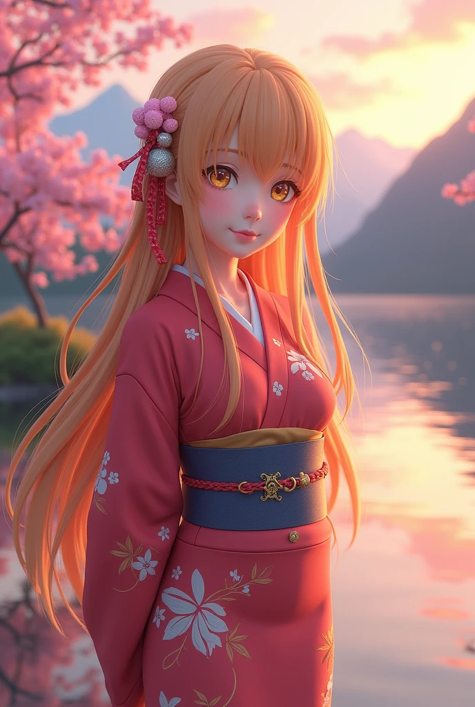 Aerial Perspective Asuna, masterpiece, Highest quality, detailed, (One person), alone, detailed golden eyes, Long Hair, Are standing, Close to the audience, (detailed kimono), A light smile, Medium chest, (Put your arms behind your back), water, sunset, (hair ornaments), (Cherry blossoms bloom), Lake with snowy mountains in the background,Cute young delicate 3D PVC model, View your viewers, Soft and smooth lighting, Soft pastel colors, 3D icon clay rendering, 120mm lens, 3D Blender Rendering, Trend with poly count, モジュラーCute young delicate 3D PVC model, View your viewers, Soft and smooth lighting, Soft pastel colors, 3D icon clay rendering, 120mm lens, 3D Blender Rendering, Trend with poly count, Modular constructivism 5D vector: 【a: 0.3, c: 0.7, It is: 0.8, I: 0.6, M: 0.9】trick-art Multi-layer structure abstract