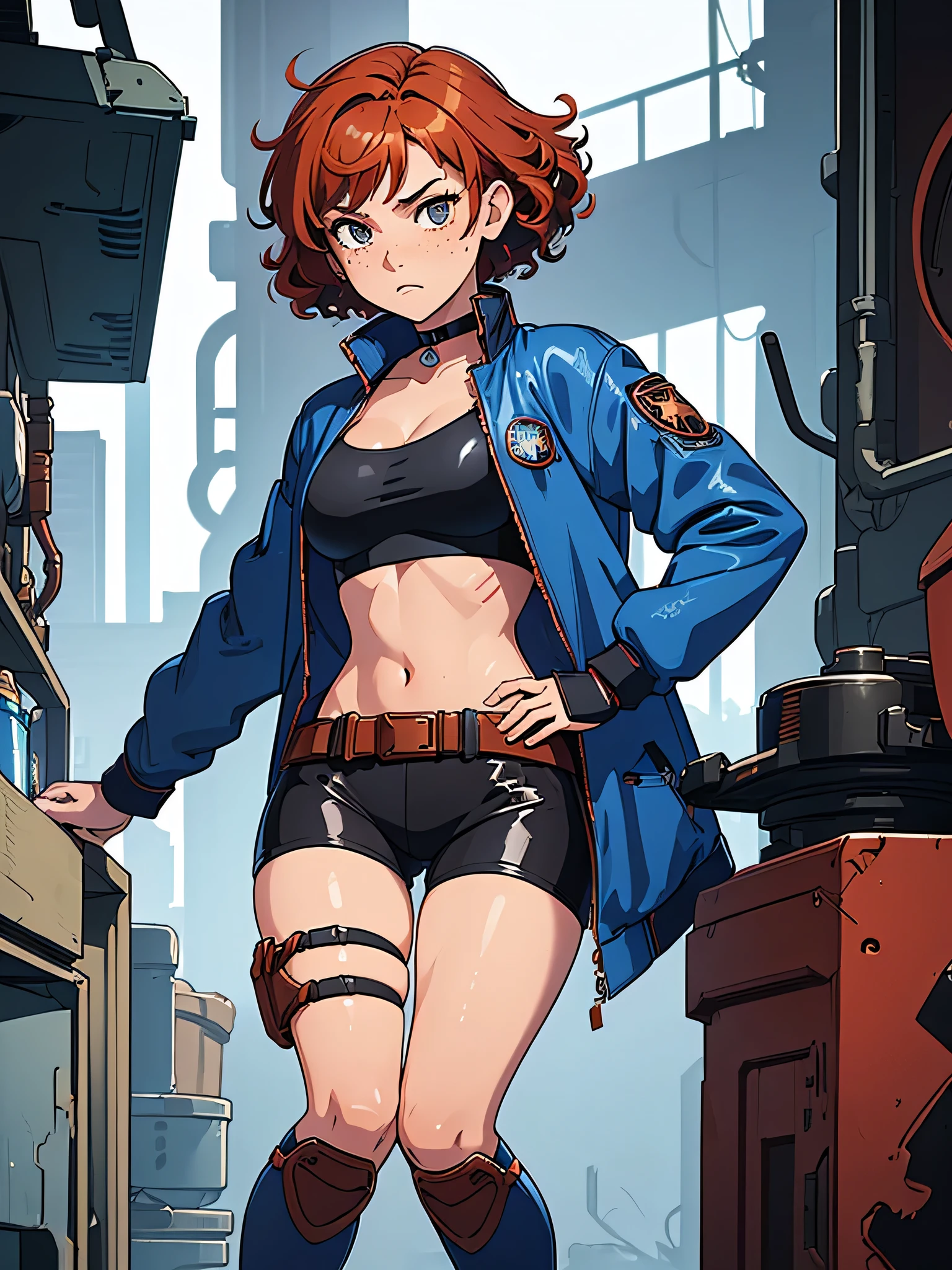 (masterpiece), (best quality), (1girl), (adult), (copper red hair), (curly hair), (short hair), body figure, (small breasts) , (brown eyes), freckles, (blue cyberpunk outfit), (blue jacket),( blue battle outfit),(badass outfit),black shirt, boots, black choker, legs, (white knee guards), gun