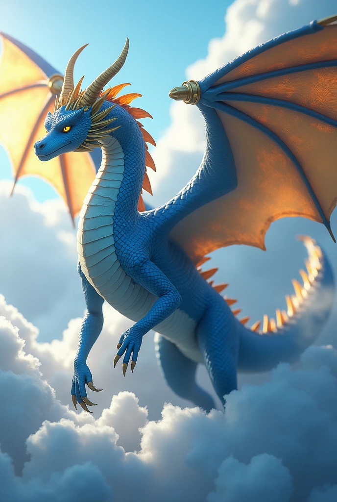 Generate me a blue dragon with golden wings