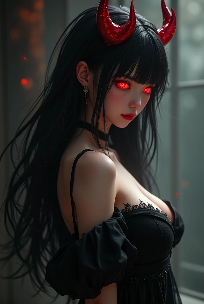 A girl with long black hair, bangs to the side, red horns, Red eyes, mischievous personality, and a sexy black dress