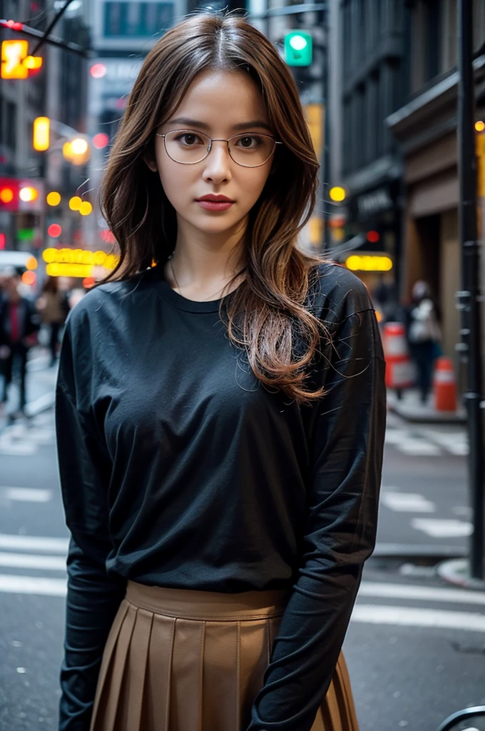 Photo of a beautiful woman standing on a street corner, (masterpiece:1.2, highest quality), (Realistic, photoRealistic:1.4), Beautiful illustrations, (Natural Side Lighting, Cinema Lighting), Written boundary depth, Beautiful thighs staring at the viewer, (((Face Focus, Upper Body))), 1 female, 30-year-old, alone, thin, slender, small breasts!!!, short hair, curly hair, Forehead, thin, slender, (((glasses))), long sleeve T-shirt, Skinny skirt, Are standing, New York 25th Street, portrait