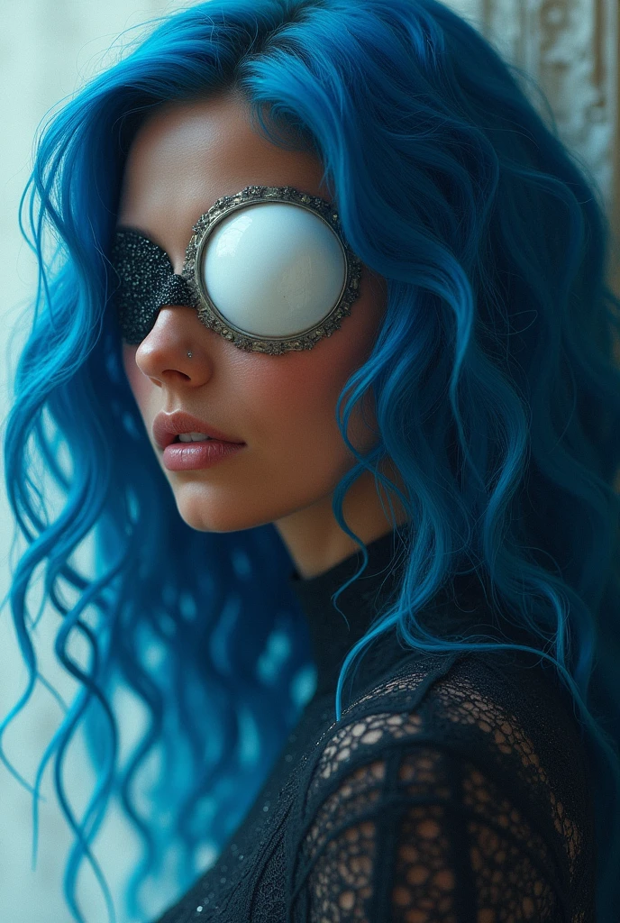 Woman with one opaque white eye due to blindness and a patch on the other eye. Lapis blue wavy hair and cinnamon brown skin. Uses telekinesis abilities.