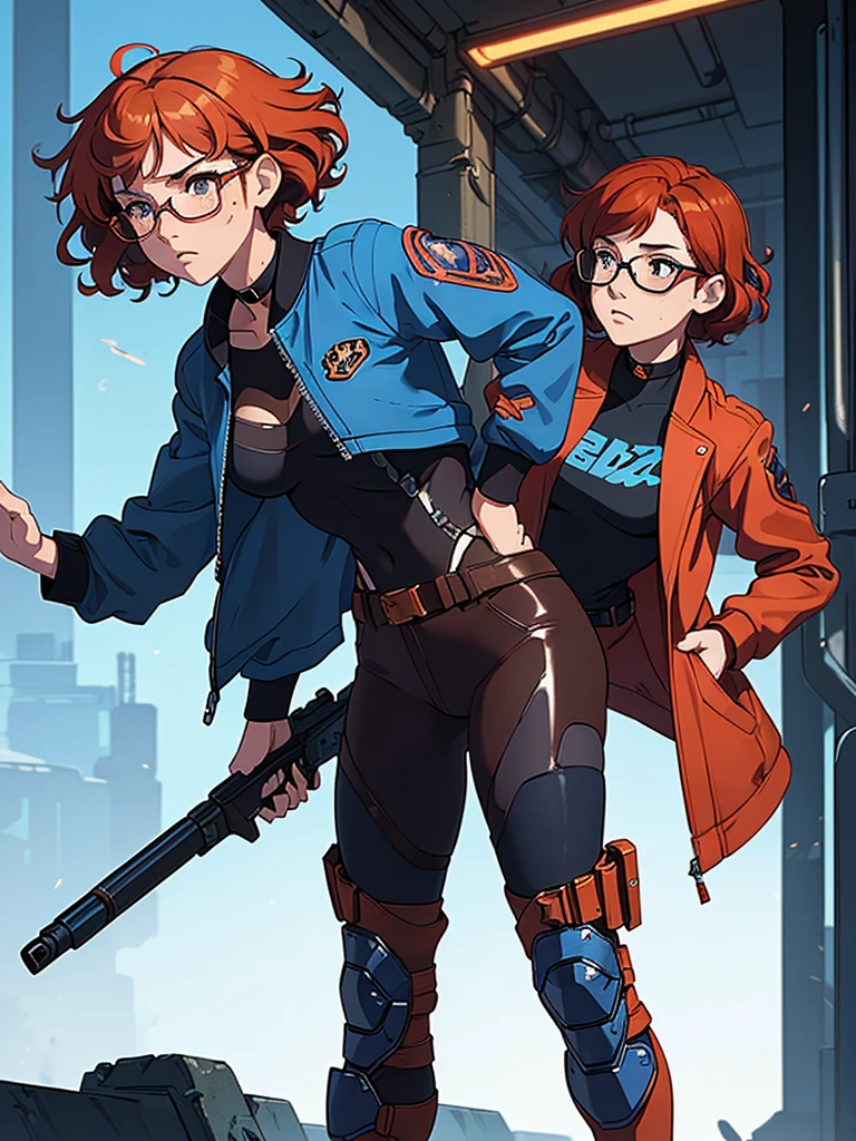 (masterpiece), (best quality), (1girl), (adult), (copper red hair), (curly hair), (short hair),  body figure, (small breasts) , (brown eyes), freckles, (blue cyberpunk outfit), (blue jacket),( blue battle outfit),(badass outfit),black shirt, boots, black choker, legs, (white knee guards), gun, glasses