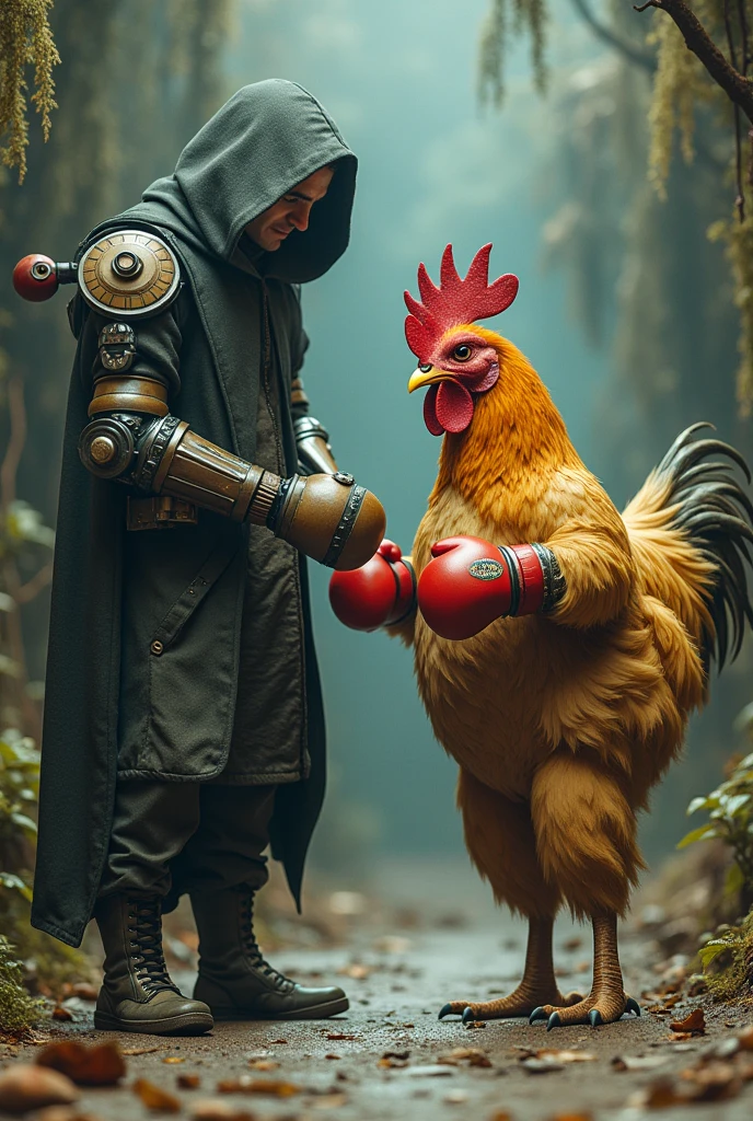 A mysterious man in clothes with robotic spider legs on his back makes friends with a chicken man in a boxing suit