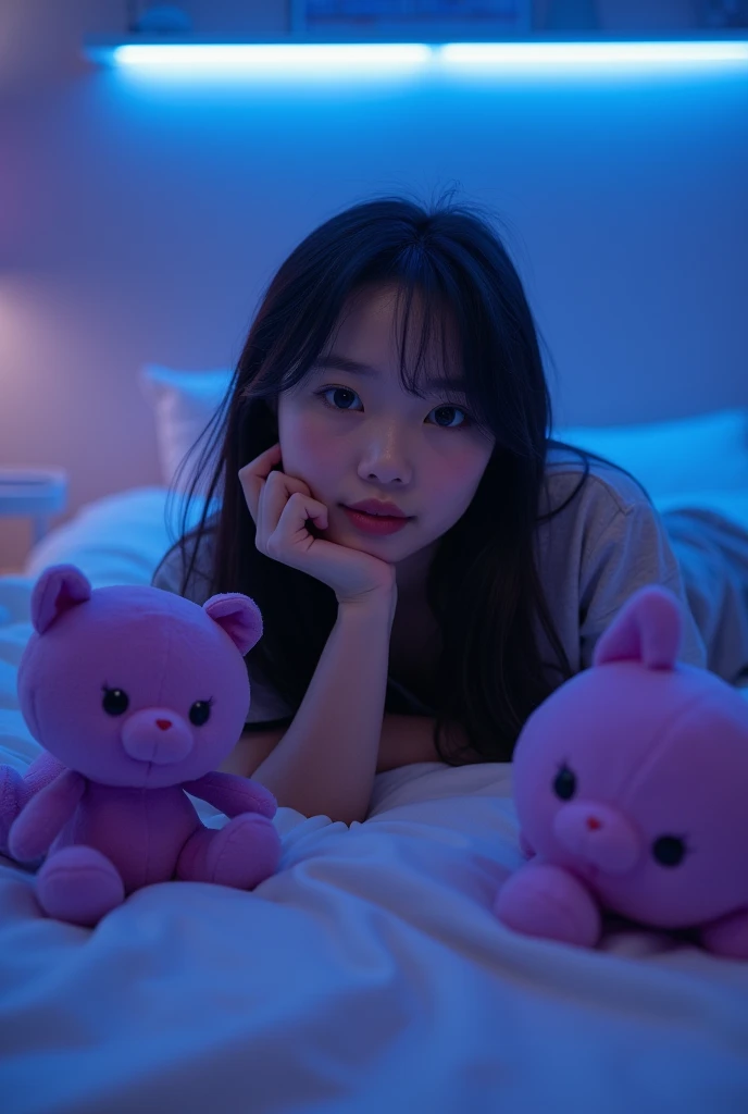 teenage thai girl laying in bed posing for a tiktok profile with anime plushies that are purple while bit lit in a blue led room