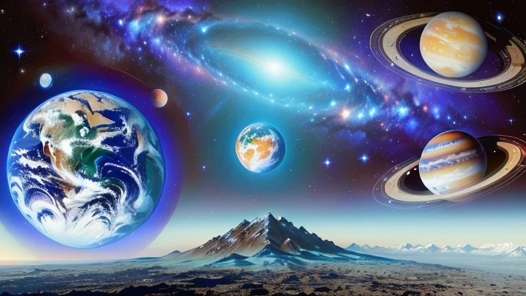 planets and Earth in a space scene with a mountain in the background, planets in the background, planets on the background, large planets in the background, planets and galaxies, planets in the sky, the mid-journey multiverse, meaning of life in the universe, planets behind, planets in the skies, cosmos infinito ao fundo, ringed planet, five planets