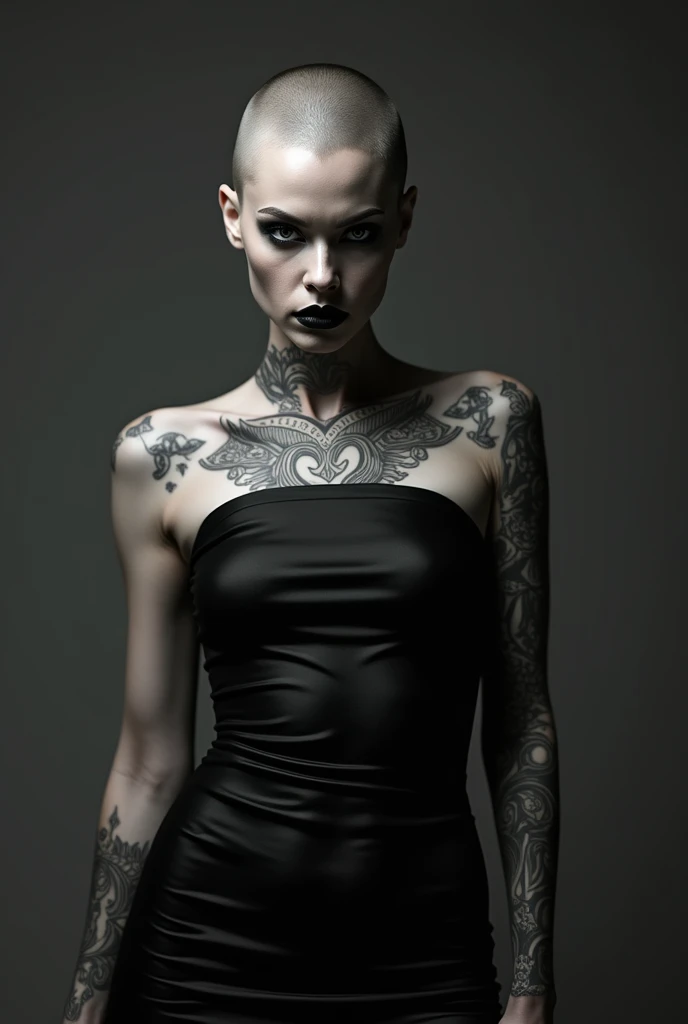 A woman with bald, a hard, dull look, black eyes, black lipstick, tattoos on her body, and a black dress.