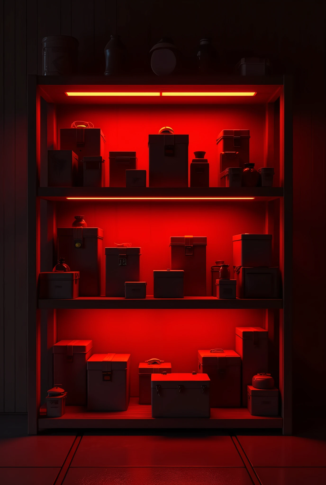 I want an image of shelves with boxes and red lighting