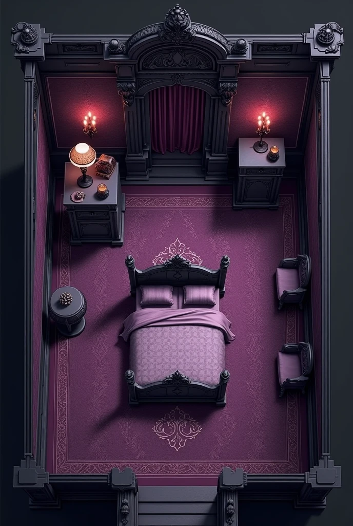 Floor plan of a Gothic themed bedroom, of the colors purple and black.