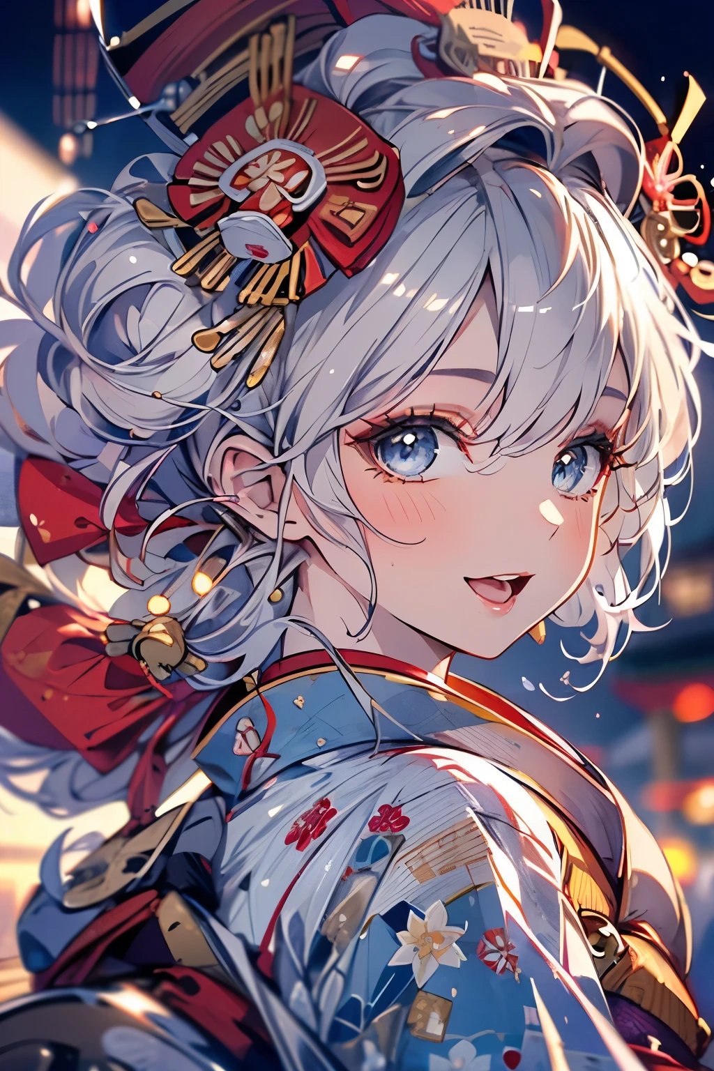 (Best quality,4K,8K,High resolution,Masterpiece:1.2),Super detailed,(Actual, Realistic),highly detailed, top quality, soft skin,Portrait,
break,
((clear blue eyes:1.2)),smiling eyes,beautiful eyelashes,beautiful lower eyelashes,
break,
((Beautiful and shiny silver hair:1.3)),A dazzling smile, a bursting smile, an open mouth laugh,
break,
very happily,
break,
((Oiran hairstyle:1.3)),
break,
Edo style townscape,In the town at sunrise