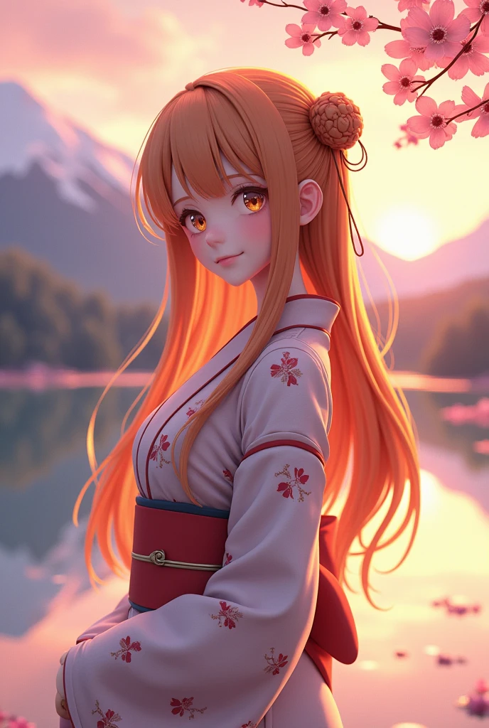Aerial Perspective Asuna, masterpiece, Highest quality, detailed, (One person), alone, detailed golden eyes, Long Hair, Are standing, Close to the audience, (detailed kimono), A light smile, Medium chest, (Put your arms behind your back), water, sunset, (hair ornaments), (Cherry blossoms bloom), Lake with snowy mountains in the background,Cute young delicate 3D PVC model, View your viewers, Soft and smooth lighting, Soft pastel colors, 3D icon clay rendering, 120mm lens, 3D Blender Rendering, Trend with poly count, モジュラーCute young delicate 3D PVC model, View your viewers, Soft and smooth lighting, Soft pastel colors, 3D icon clay rendering, 120mm lens, 3D Blender Rendering, Trend with poly count, Modular constructivism 5D vector: 【a: 0.3, c: 0.7, It is: 0.8, I: 0.6, M: 0.9】trick-art Multi-layer structure abstract