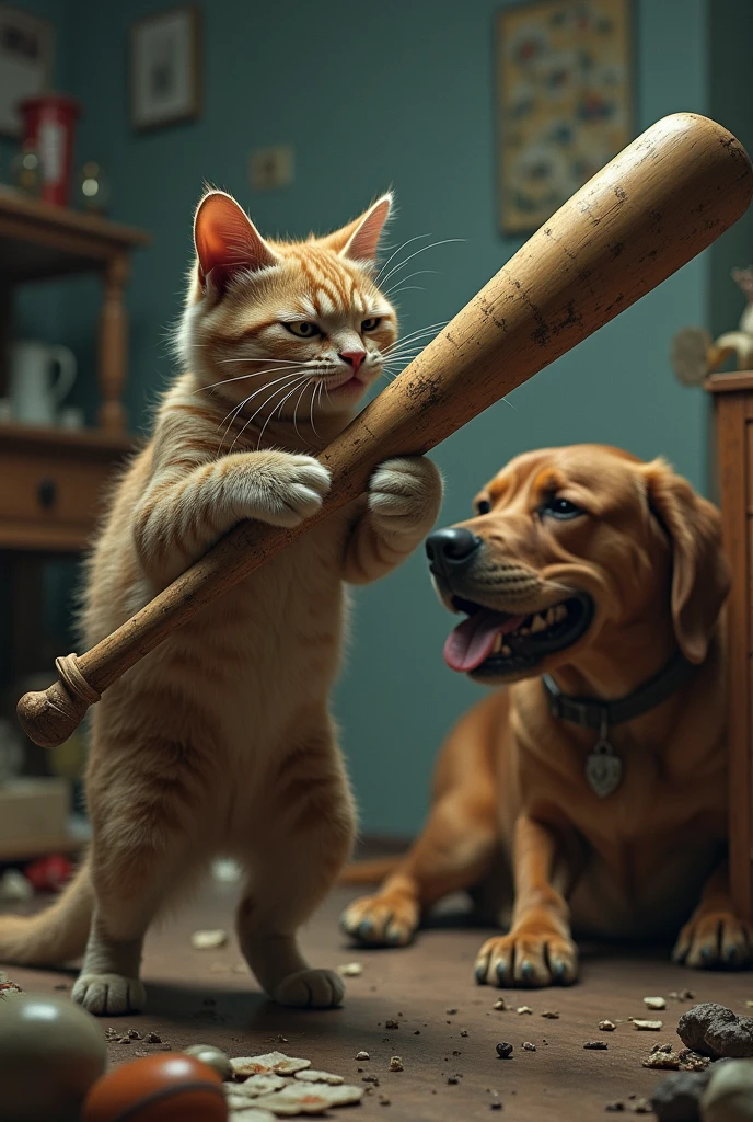 A cat beating a large dog with a baseball bat