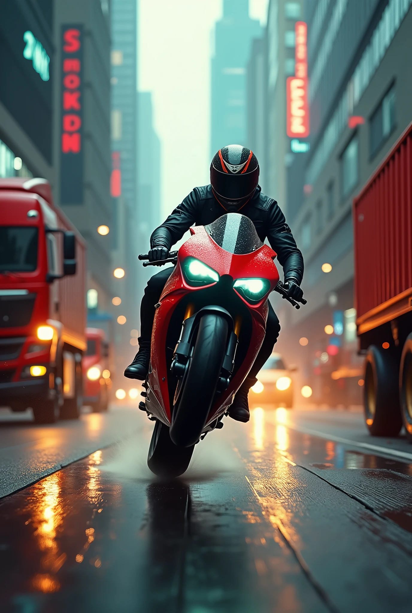 A highly detailed, futuristic, 3D text "SPEED JUNKIE" centered at the top of the page, a rider on a ducati panigale v4 popping wheelie with the front wheel being a good 2 feet off the ground riding between two lorries, extremely dangerous situation, high speed chase, adrenaline, motion blur, low angle, dramatic lighting, cinematic composition, gritty urban environment, moody atmosphere, vibrant colors, hyper-realistic, award winning photography, masterpiece, (best quality,4k,8k,highres,masterpiece:1.2),ultra-detailed,(realistic,photorealistic,photo-realistic:1.37)