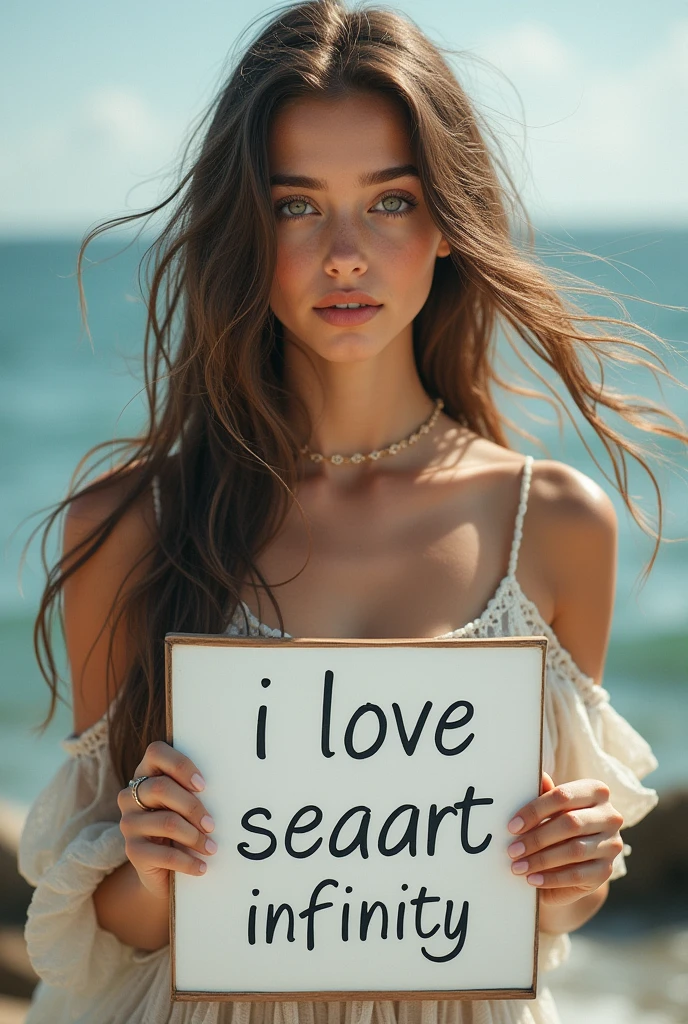 Beautiful girl with wavy long hair, bohemian dress, holding a white board with text "I Love Seaart Infinity" and showing it to the viewer