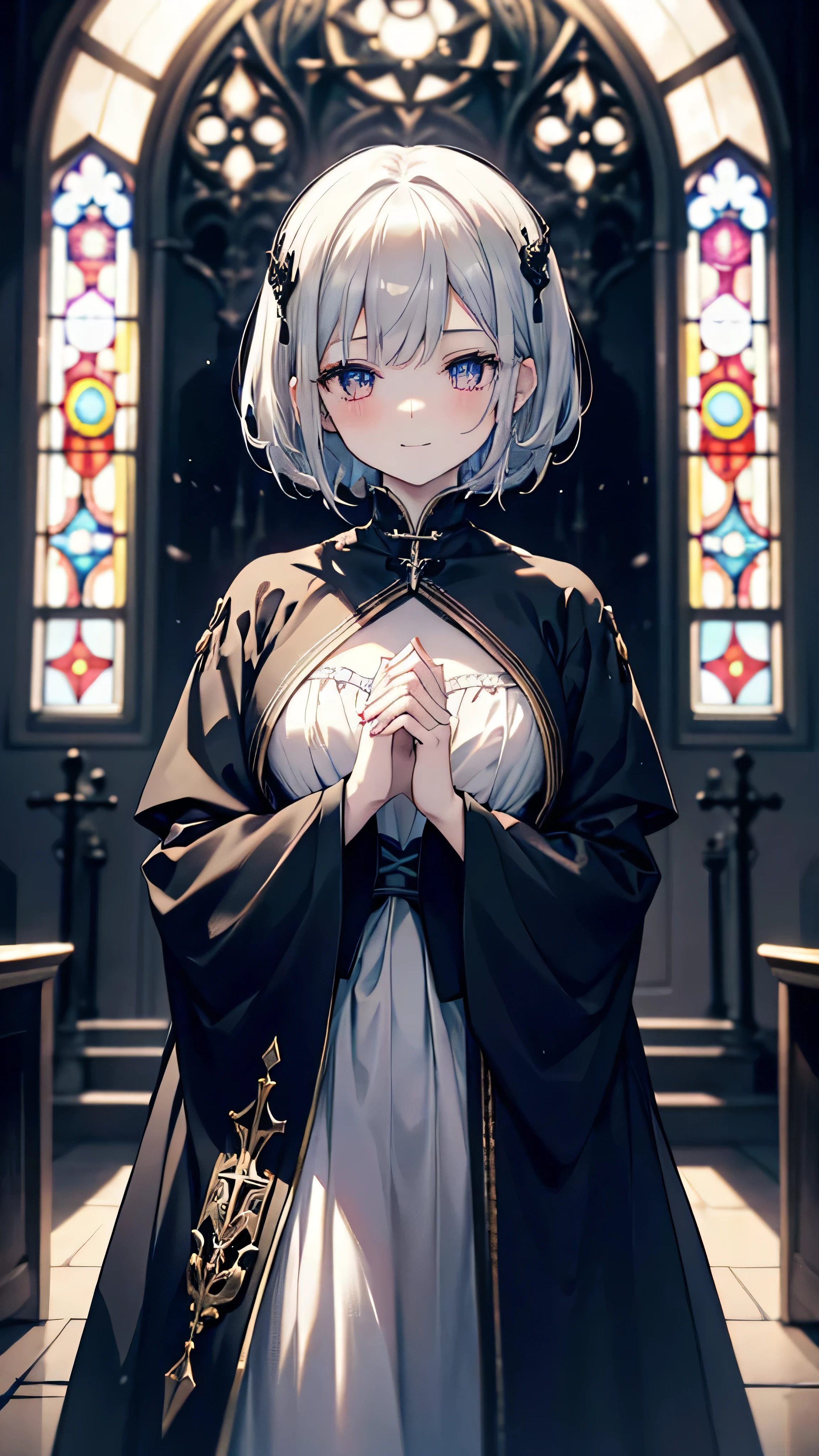 Ultra-detailed and exquisite facial features of a lone young girl.
benevolant expression, warm smile, smug smile, cheeky smile, cat smile
Silver colored hair, Red irises, intricate and detailed paired of eyes, Short intricate hair.
Her expression is detailed, and she stands with a graceful posture, her hands clasped together in front of her chest with fingers interlocked. The atmosphere is dreamy, with expressive brush strokes and a mystical ambiance, creating an artistic interpretation with a small and fresh aesthetic.
She wears a traditional ornate black and white religious robe with gold accents and crosses, plain and simple attire but detailed, embodying gothic fashion.
Her pale skin has a gentle blush on the cheeks, and she has doe eyes with scarlet irises.
The setting is inside a grand, old cathedral with high arched windows and stained glass, characterized by dark lighting.
The background includes gothic architectural elements, contributing to a somber yet serene atmosphere.
Dramatic lighting and pale golden light illuminate the scene, casting soft shadows. The overall mood is dark and gothic, with the girl's conservative clothing emphasizing the theme. She appears to be around , with Patsun bangs, and the image should be of the highest quality.