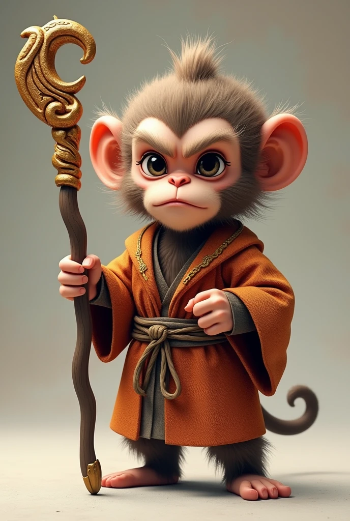 Small version of sun wukong the monkey, that’s very serious and is holding his legendary staff