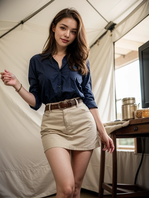(Best quality, 32k, Raw photo, UHD), lifelike rendering, A stunning beautiful European woman, 2, (1girl, solo, 24yo), medium blonde wavy hair, double eyelids, beautiful blue eyes, detailed facial, perfect round medium breasts, (cleavage:0.8), beautiful hand, wide hips, slender legs, soft curves body, glamorous figure, (pale skin:1.2), clean skin, exquisite skin texture, skin pores. BREAK
An adventuress from the 40's, she wears cotton sand-colored shirt, army khaki cotton long skirt, leather belt, army boots. BREAK
She is on the field, in an army tent. BREAK
(wide shot), sharp focus, (from front), (eyes to the camera, looking at the viewer, smile warmly), messy hair, beautiful legs, (corp legs shot), BREAK
highly details, hyper-realistic photo, detailed fabric rendering, (Film grain:1.3), photorealistic, bokeh, realism, 16k