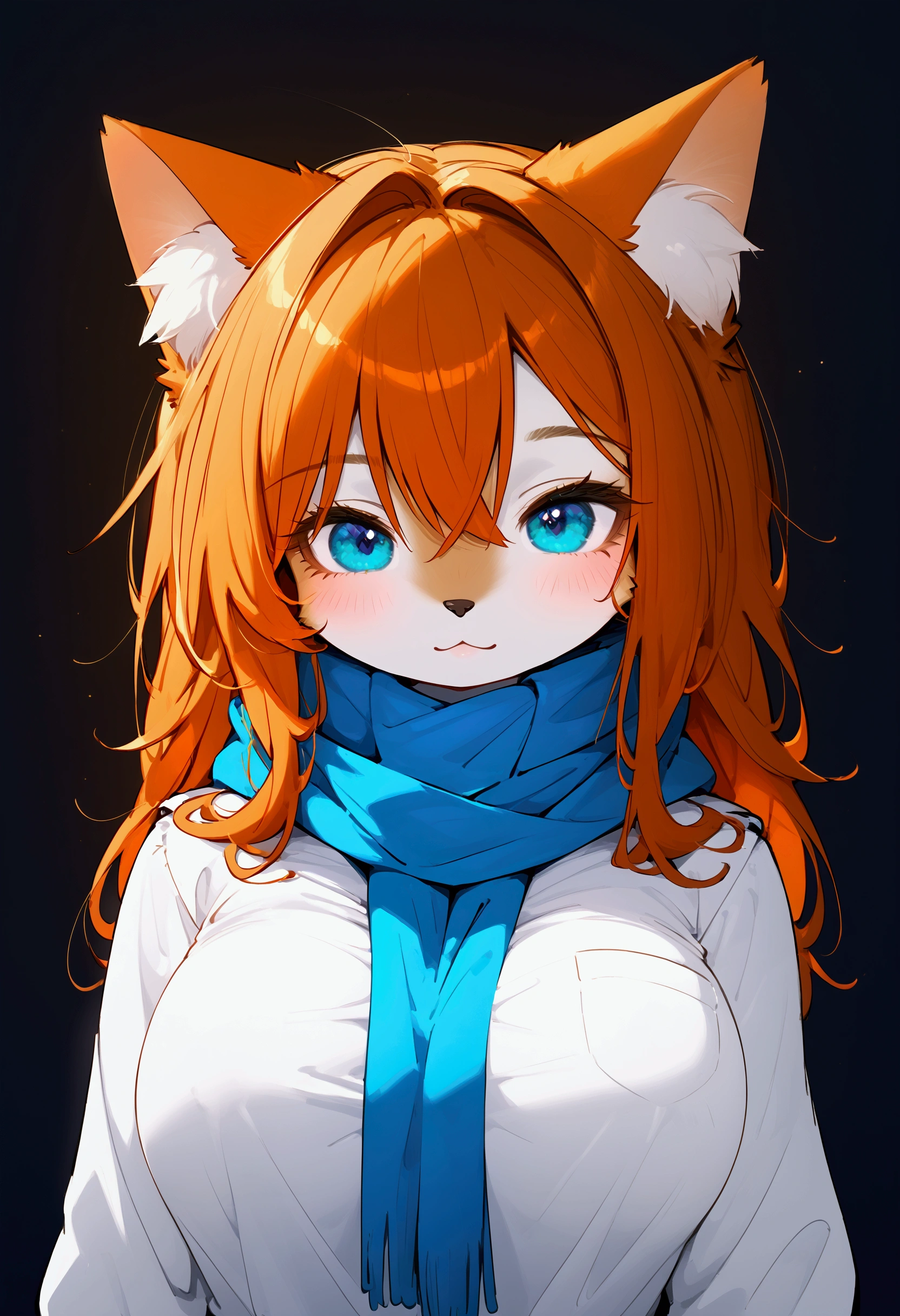 furry，Furry cat boy，cute big breasts，White color blouse，Blue scarf，blue color eyes，Orange hair，k hd