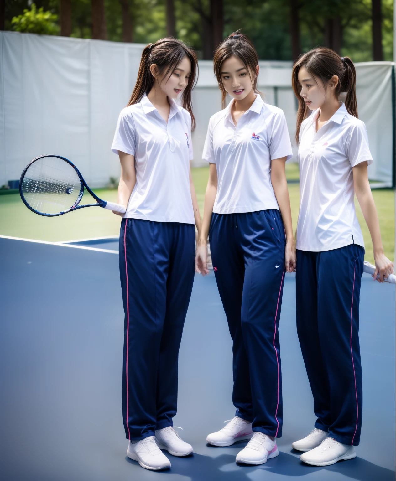 3 girls play tennis at tennis courts, Navy blue short-sleeved shirt,Navy Long Trackpant,Sweatpants, Sweatpantsขายาว,2 girl, lesbian, sexy, exercise clothes, wet body, exercise clothes