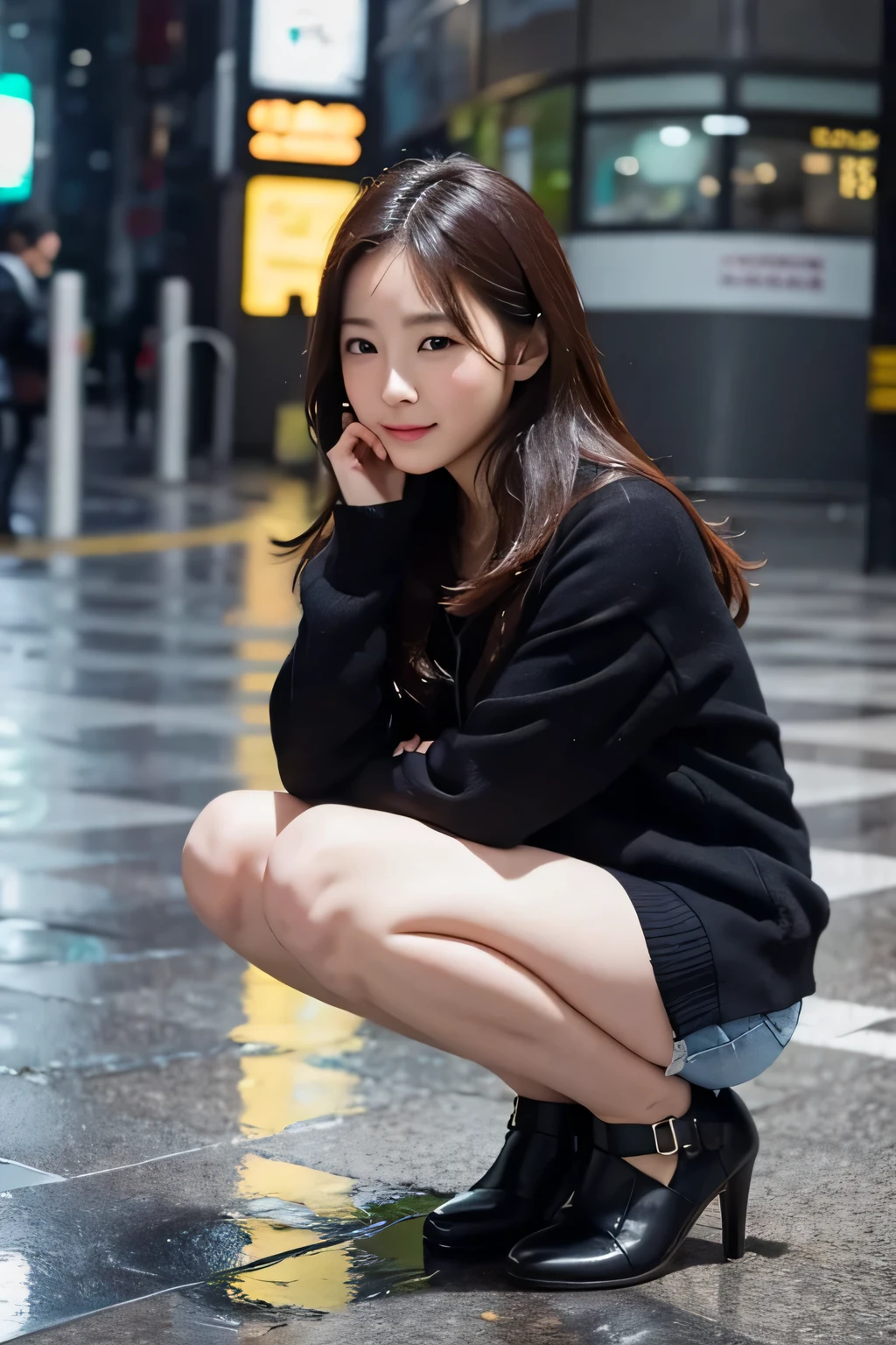 A woman crouching in front of a station in the heavy rain,Returning someone's lost wallet、Cover your face with both hands