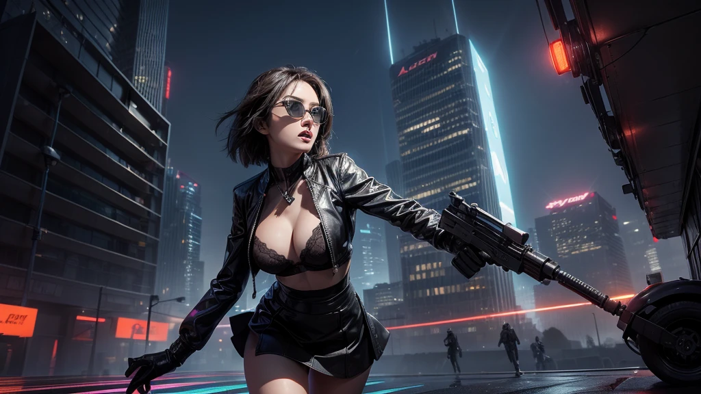 (low angle view) of futuristic city, hologram neon buildings, flying cars, 3d rendering Beeple. At night, (1girl, solo, alone), photorealistic, medium-breast slim:0.6 body, oval:0.5 face, cleavage:1.1, sexy black laced bra, (miniskirt), white laced panty, coat, (black micro sunglasses), (holding a short gun), slightly leaning forward running pose, ((half-body thigh level medium shot)), cinematic lighting, ray tracing.