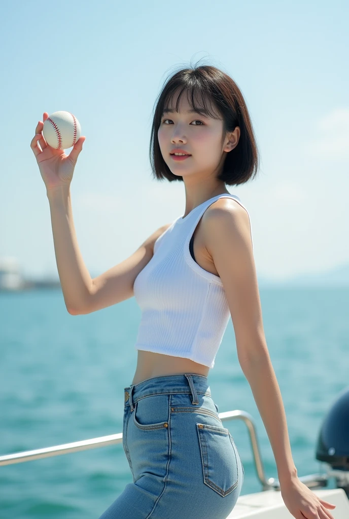 Highly realistic 8k photos, sea background, standing on a boat, Holding the baseball with one arm out to the side and clearly visible, Korean woman, Wearing a white sleeveless top and jeans, standing sideways, Looking at the camera, short hair, A little smile,