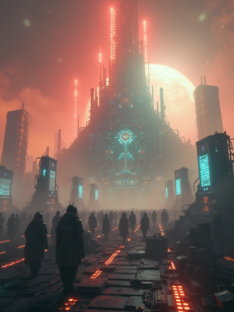 a vast computer server, circuitboards forming defensive structures, strange aurora-like glow emanating from the ant hive, horde of tiny mechanical entities, cyberspace landscape, highly detailed, 8k, photorealistic, cinematic lighting, vibrant colors, science fiction, concept art