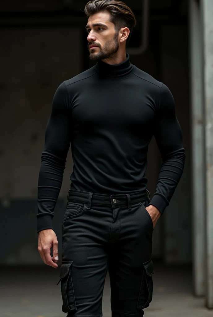 A man wear black jeans cargo and turtle neck full sleeves tshirt
