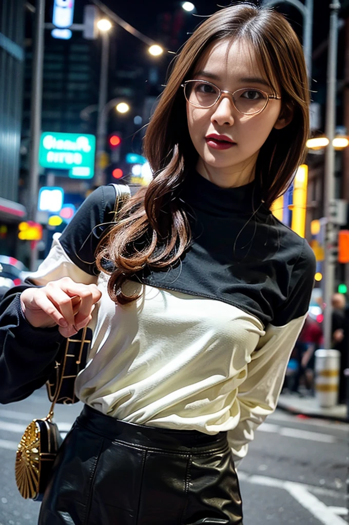 Photo of a beautiful woman standing on a street corner, (masterpiece:1.2, highest quality), (Realistic, photoRealistic:1.4), Beautiful illustrations, (Natural Side Lighting, Cinema Lighting), Written boundary depth, Beautiful thighs staring at the viewer, (((Face Focus, Upper Body))), 1 female, 30-year-old, alone, thin, slender, small breasts!!!, short hair, curly hair, Forehead, thin, slender, (((glasses))), long sleeve T-shirt, Skinny skirt, Are standing, New York 25th Street, portrait