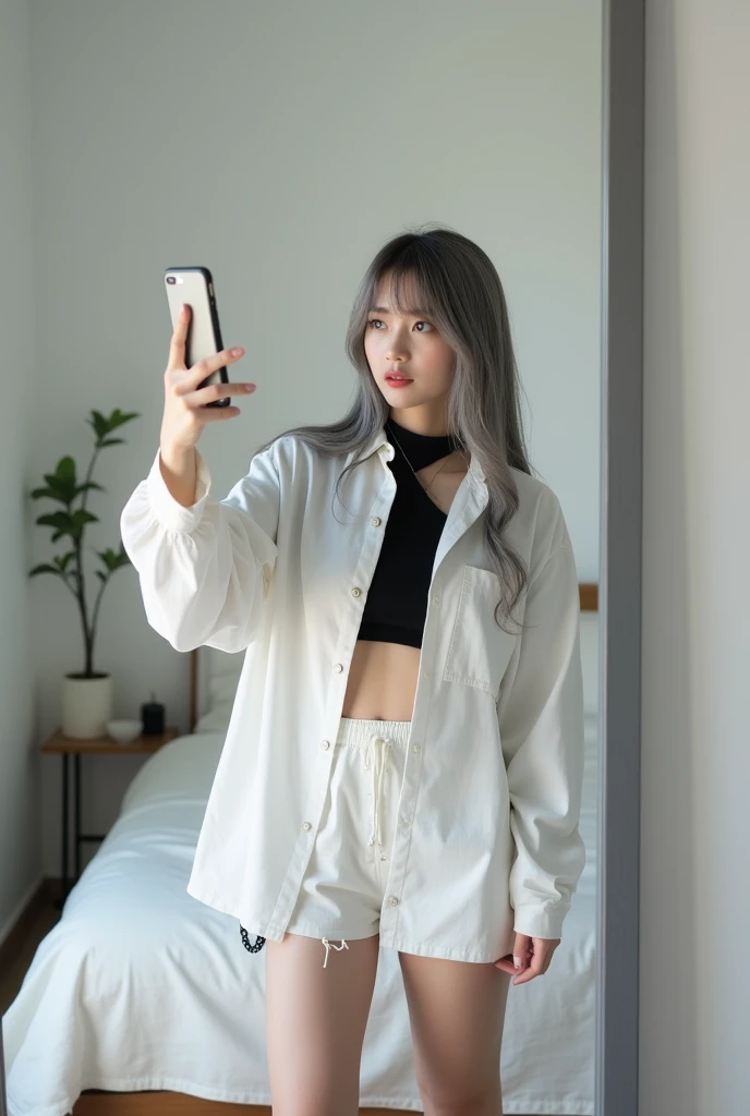 highly detailed, beautiful, hyper Realistic girl, masterpiece, best quality, Depict a mysterious and sophisticated beautiful Japanese gravure model,, 18-years-old, identity hidden, all body shot, / gray arranged hair, small head, Detailed face, cute and Pretty slim face, wide Duck mouth, perfect beautiful Tooth, arranged gray hair, shiny eyes, blue-colored eyes, Realistic skin, Detailed face, // sitting, model posing, / This fall fashion look emphasizes a relaxed yet polished style. The oversized white shirt drapes loosely over the body, creating an effortless, airy silhouette that contrasts nicely with the fitted black Halterneck top underneath. The shirt’s exaggerated proportions add a sense of ease and movement, perfect for layering as the weather cools. The white drawstring shorts maintain the casual vibe while keeping the look cohesive and fresh. Paired with black open-toe heeled boots, the outfit balances comfort with a touch of elegance. A small black chain bag and a simple silver necklace subtly elevate the minimalist, modern aesthetic, //// simple white single room, gray frame mirror, complicated background /// takes a selfie in her room using a smartphone in front of a mirror with one hand, standing and sexy Posing, all body below shot, focus shoes, looking away from the camera,