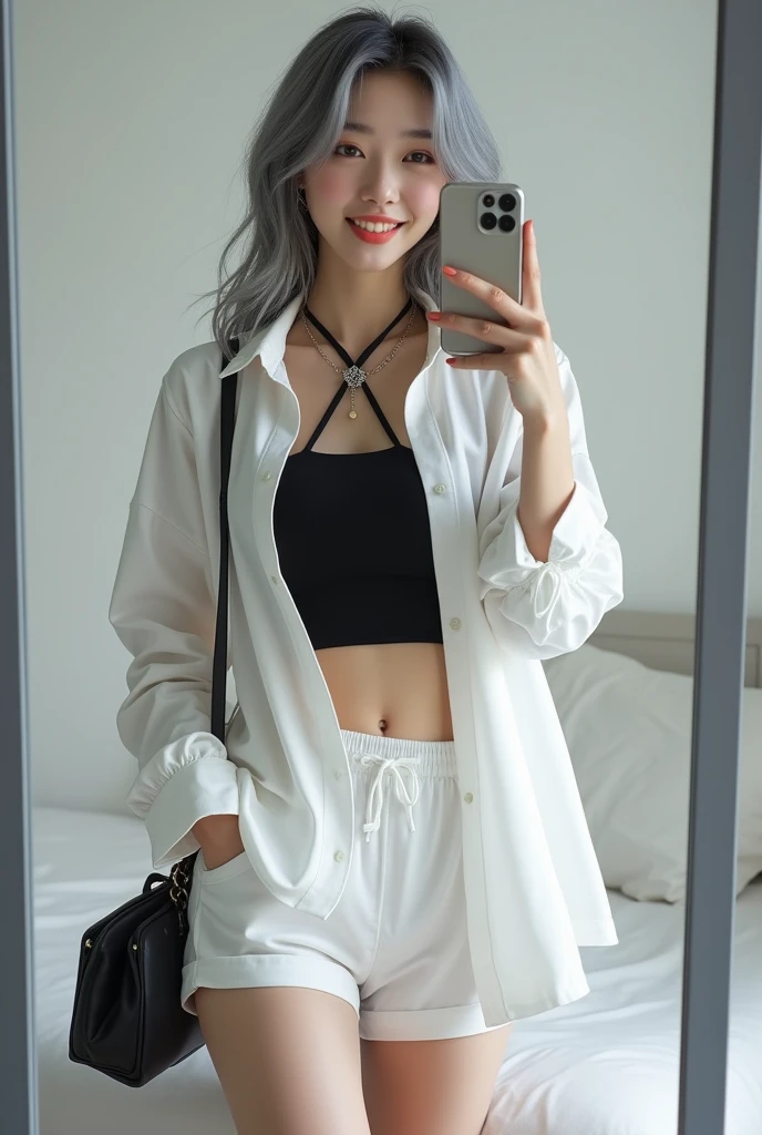 highly detailed, beautiful, hyper Realistic girl, masterpiece, best quality, Depict a mysterious and sophisticated beautiful Japanese gravure model,, 18-years-old, identity hidden, all body shot, / gray arranged hair, small head, Detailed face, cute and Pretty slim face, wide Duck mouth, perfect beautiful Tooth, arranged gray hair, shiny eyes, blue-colored eyes, Realistic skin, Detailed face, // sitting, model posing, / This fall fashion look emphasizes a relaxed yet polished style. The oversized white shirt drapes loosely over the body, creating an effortless, airy silhouette that contrasts nicely with the fitted black Halterneck top underneath. The shirt’s exaggerated proportions add a sense of ease and movement, perfect for layering as the weather cools. The white drawstring shorts maintain the casual vibe while keeping the look cohesive and fresh. Paired with black open-toe heeled boots, the outfit balances comfort with a touch of elegance. A small black chain bag and a simple silver necklace subtly elevate the minimalist, modern aesthetic, //// simple white single room, gray frame mirror, complicated background /// takes a selfie in her room using a smartphone in front of a mirror with one hand, standing and sexy Posing, all body below shot, focus shoes, looking away from the camera,