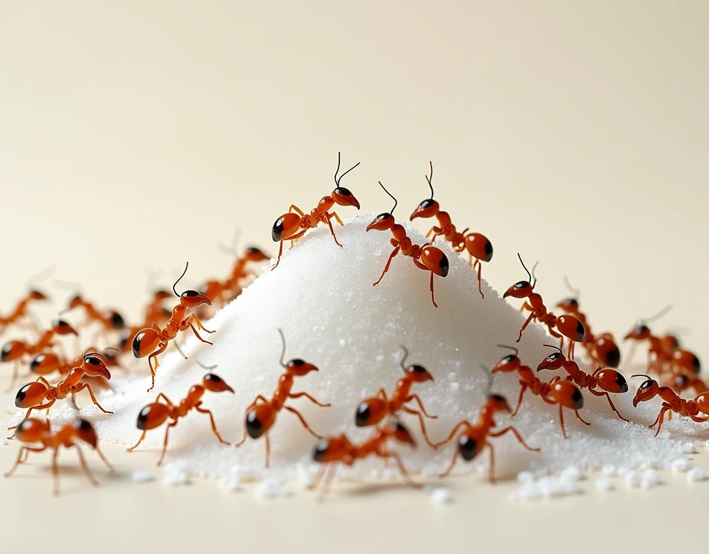 A group of ants on a pile of sugar, masterpiece, best quality