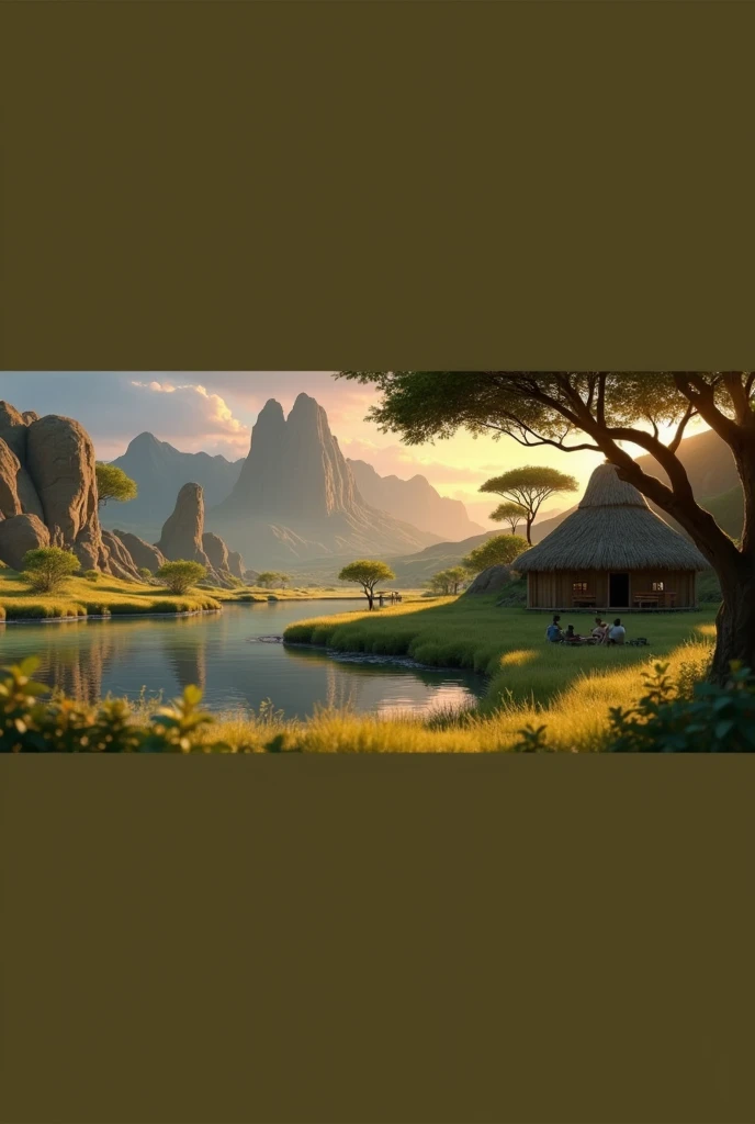 Disney style African wilderness scene, beautiful sunrise over a calm lake, very small African hut on one side of the scene, dramatic cinematic lighting, majestic rock formations, no animals or evil, breathtaking view, high detail, complete study of African languages ​​(best quality, 4k, 8k, high resolution, masterpiece: 1.2), high detail, (realistic, realistic, photorealistic: 1.37), dramatic lighting, cinematic composition Pixar style close to animation, land area larger than the lake Trees and rocks Attention to precise theatrical perspective according to the studies of theatrical perspective Academy of Arts Dr. Louise Malika, high quality on the scale of theatrical design Clear details Greek character dominates the scene, animation style African tribe