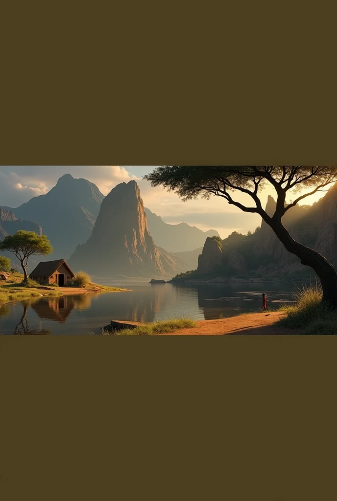 Disney style African wilderness scene, beautiful sunrise over a calm lake, very small African hut on one side of the scene, dramatic cinematic lighting, majestic rock formations, no animals or evil, breathtaking view, high detail, complete study of African languages ​​(best quality, 4k, 8k, high resolution, masterpiece: 1.2), high detail, (realistic, realistic, photorealistic: 1.37), dramatic lighting, cinematic composition Pixar style close to animation, land area larger than the lake Trees and rocks Attention to precise theatrical perspective according to the studies of theatrical perspective Academy of Arts Dr. Louise Malika, high quality on the scale of theatrical design Clear details Greek character dominates the scene, animation style African tribe