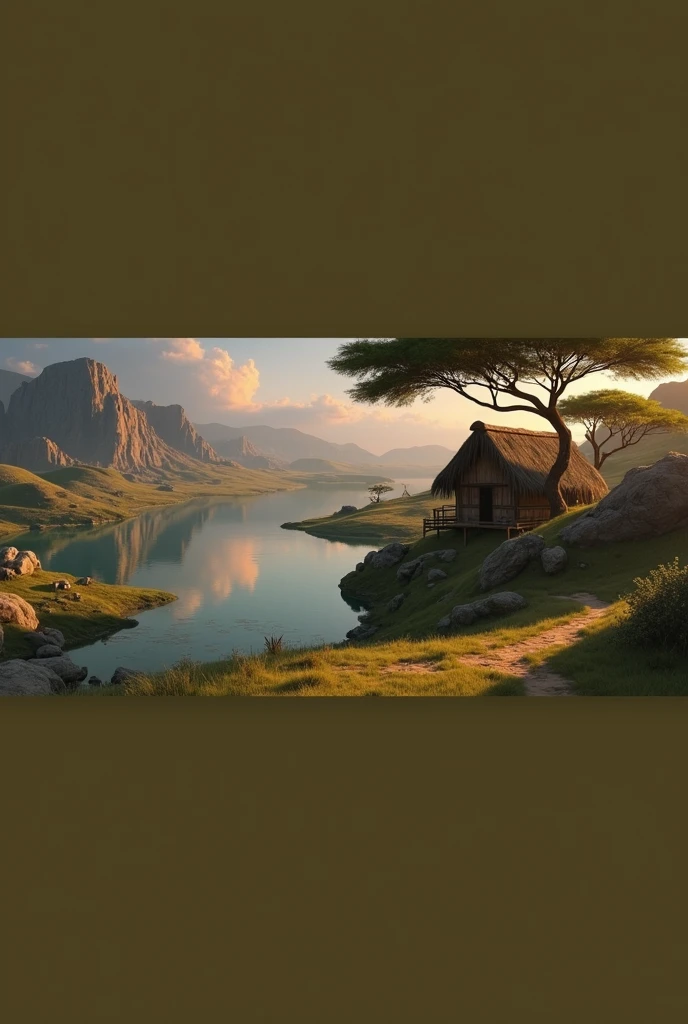 Disney style African wilderness scene, beautiful sunrise over a calm lake, very small African hut on one side of the scene, dramatic cinematic lighting, majestic rock formations, no animals or evil, breathtaking view, high detail, complete study of African languages (best quality, 4k, 8k, high resolution, masterpiece: 1.2), high detail, (realistic, realistic, photorealistic: 1.37), dramatic lighting, cinematic composition Pixar style close to animation, land area larger than the lake Trees and rocks Attention to precise theatrical perspective according to the studies of theatrical perspective Academy of Arts Dr. Louise Malika, high quality on the scale of theatrical design Clear details Greek character dominates the scene, animation style African tribe