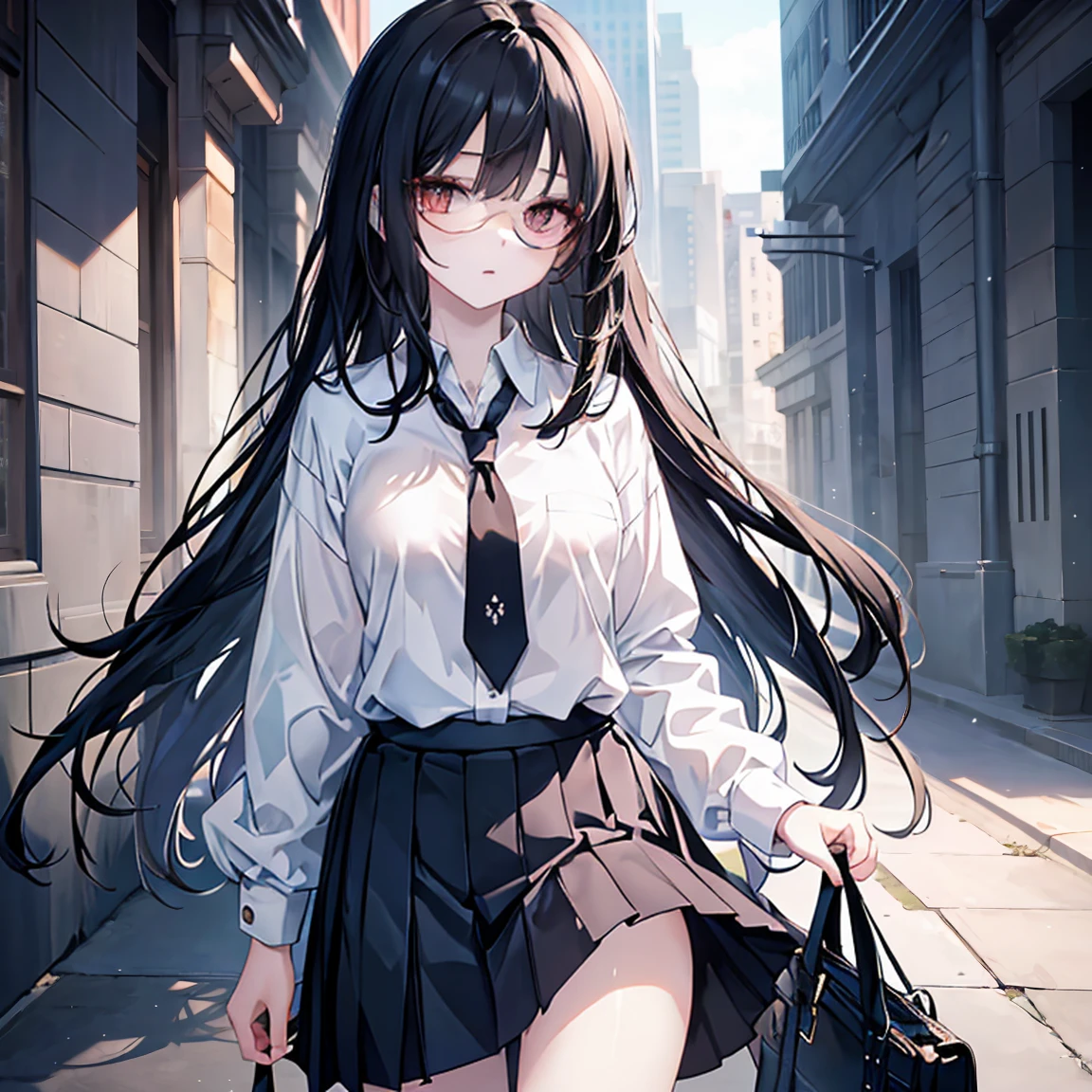 (Masterpiece) (Anime Girl, 1girl) (Detailed) She has a Pale And Flawless Skin, She has a Long Black Hair, Blue-ish Eyes, For her outfit she wear a School Uniform which a White Shirt,Dark Blue Tie, School Uniform and a Black Short Skirt and a Glasses.